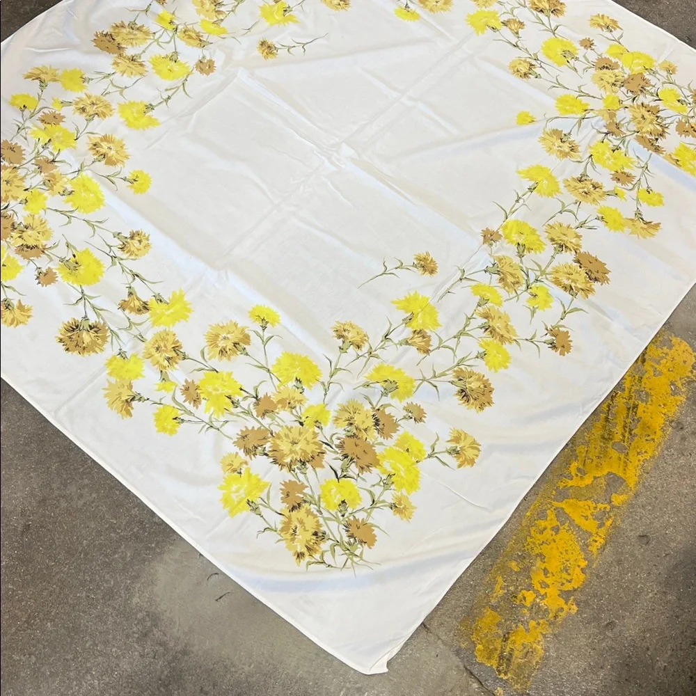 Vintage Floral Yellow & tan almost sq tablecloth  very soft & well loved, cotton